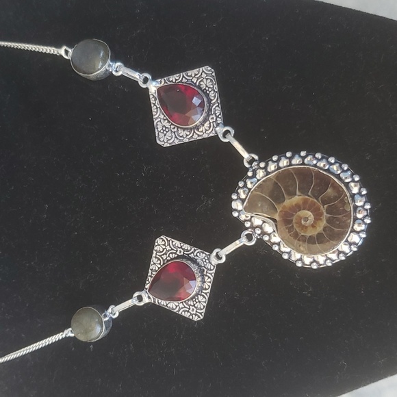 Ammonite Fossil, Labradorite and Faceted Garnet 925 Silver Necklace. - Picture 4 of 10